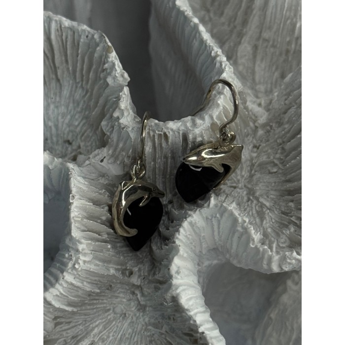 925 Sterling Silver Onyx Heart Dolphin Earrings Length 0.90 inch