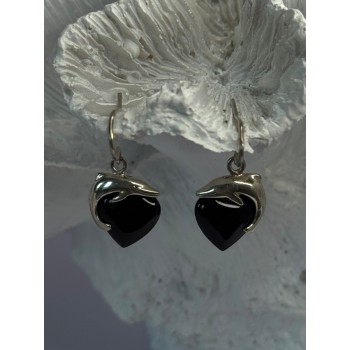 925 Sterling Silver Onyx Heart Dolphin Earrings Length 0.90 inch