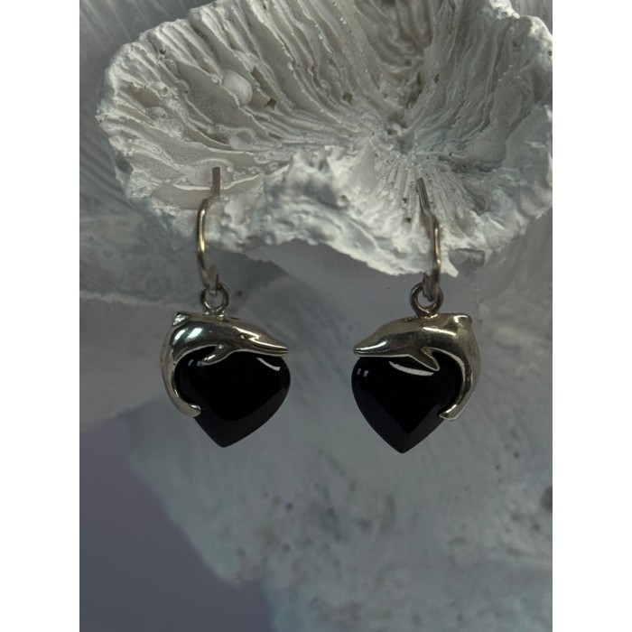 925 Sterling Silver Onyx Heart Dolphin Earrings Length 0.90 inch