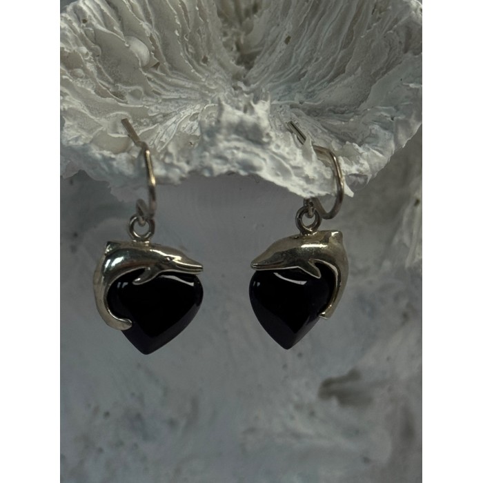 925 Sterling Silver Onyx Heart Dolphin Earrings Length 0.90 inch