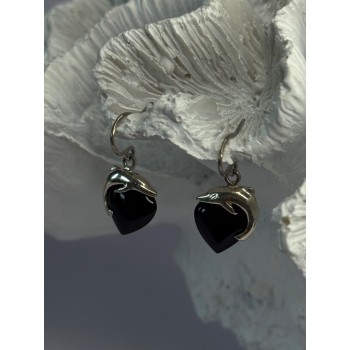 925 Sterling Silver Onyx Heart Dolphin Earrings Length 0.90 inch
