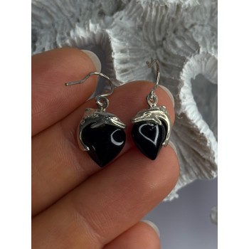 925 Sterling Silver Onyx Heart Dolphin Earrings Length 0.90 inch