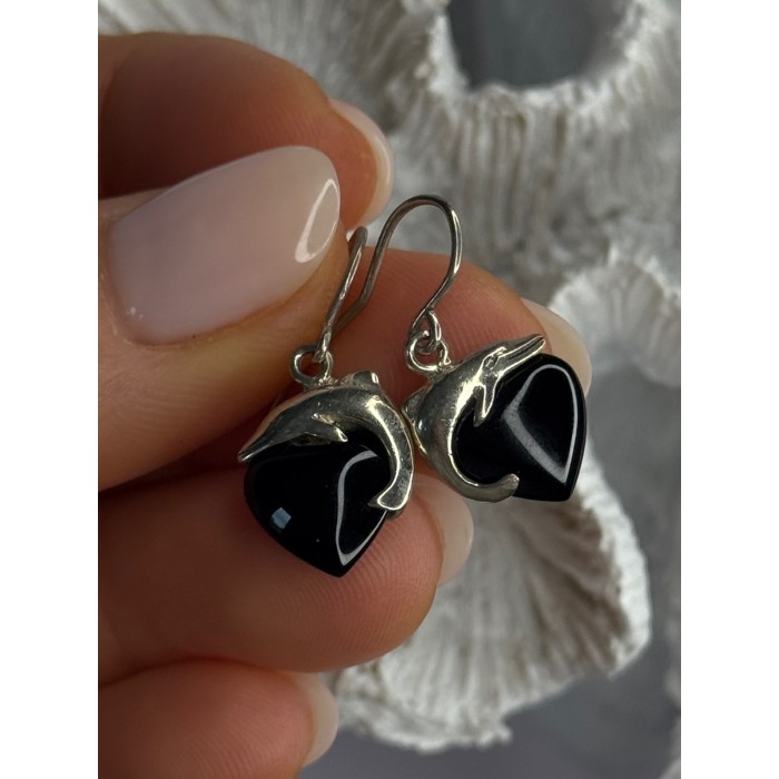 925 Sterling Silver Onyx Heart Dolphin Earrings Length 0.90 inch