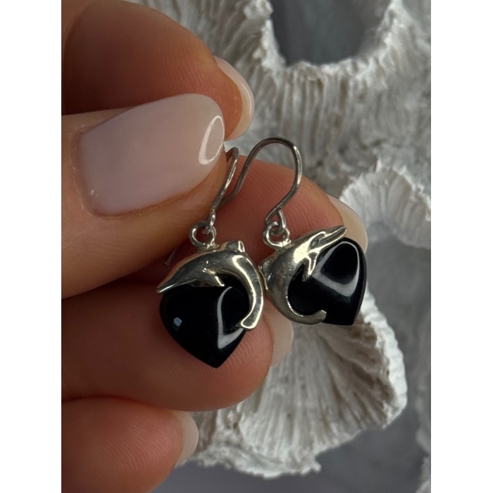 925 Sterling Silver Onyx Heart Dolphin Earrings Length 0.90 inch