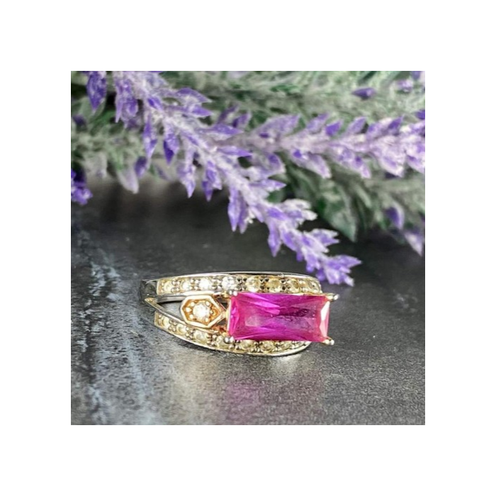 925 Sterling Silver Pink Topaz & CZ Ring Size 8.5