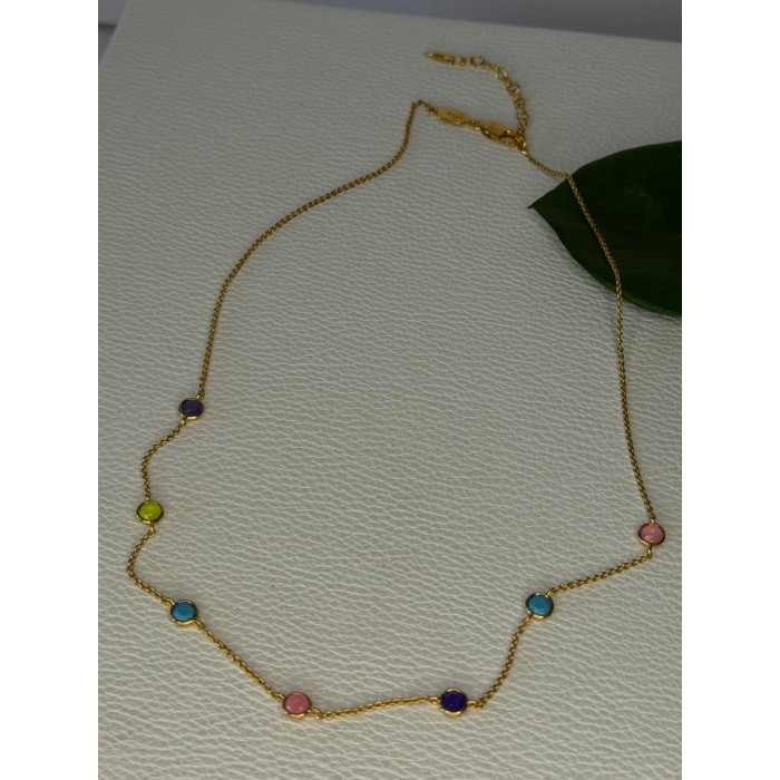 925 Sterling Silver Gold Plated Gemstones Necklace Length 15/16.5 inch