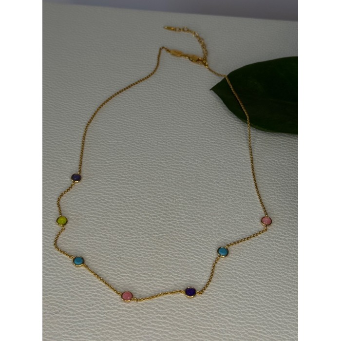 925 Sterling Silver Gold Plated Gemstones Necklace Length 15/16.5 inch