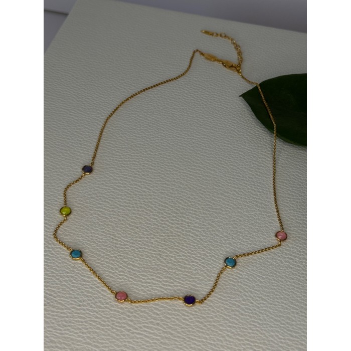 925 Sterling Silver Gold Plated Gemstones Necklace Length 15/16.5 inch