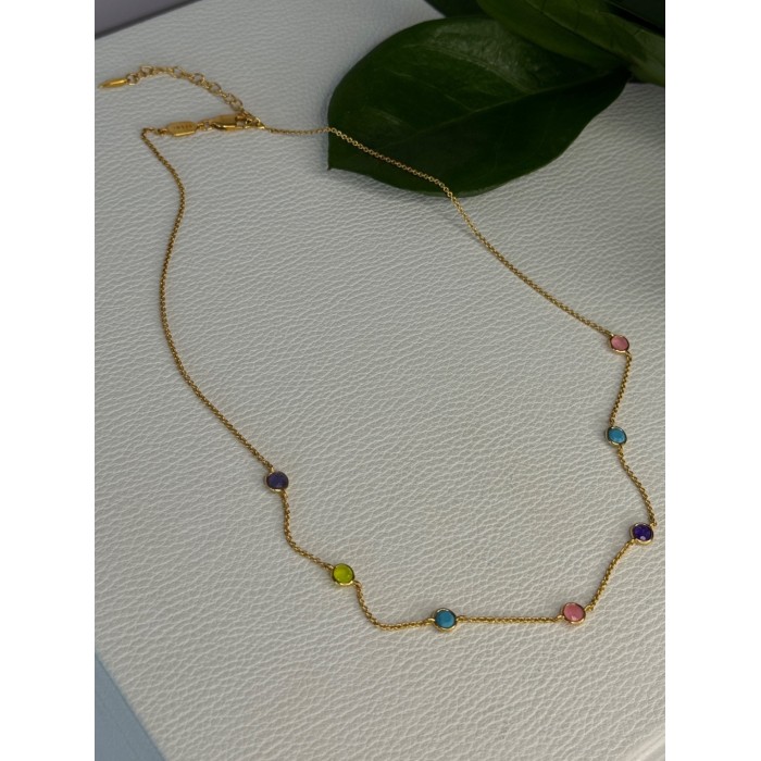 925 Sterling Silver Gold Plated Gemstones Necklace Length 15/16.5 inch