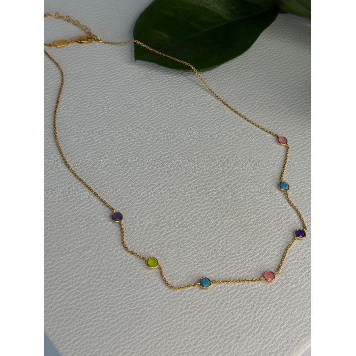 925 Sterling Silver Gold Plated Gemstones Necklace Length 15/16.5 inch