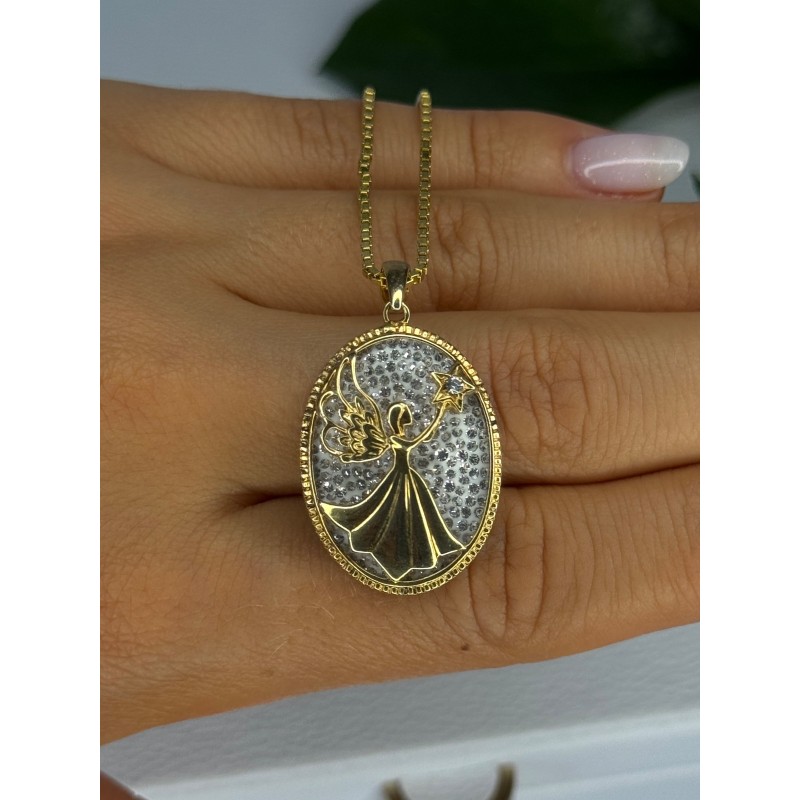 925 Sterling Silver Gold Plated Angel Cz Necklace Length 19.5 inch