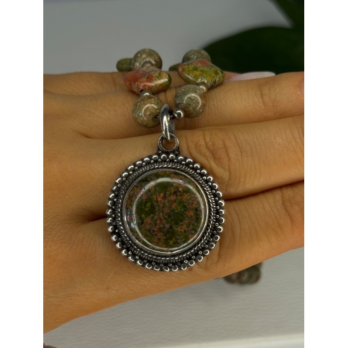 Vintage 925 Sterling Silver Unakite Necklace Length 17 inch