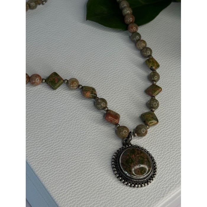 Vintage 925 Sterling Silver Unakite Necklace Length 17 inch
