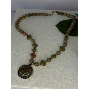 Vintage 925 Sterling Silver Unakite Necklace Length 17 inch