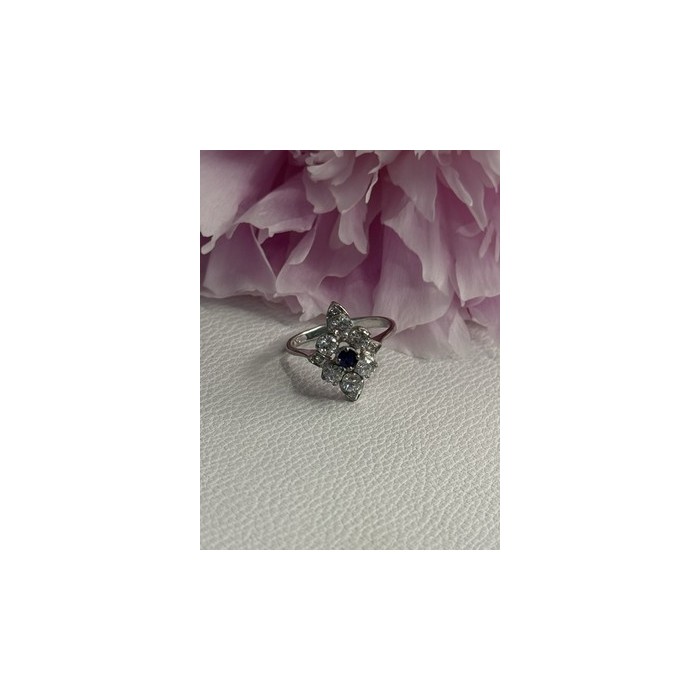 925 Sterling Silver Blue & White Sapphire Flower Ring Size 8