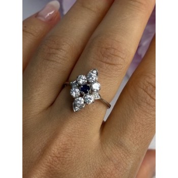 925 Sterling Silver Blue & White Sapphire Flower Ring Size 8