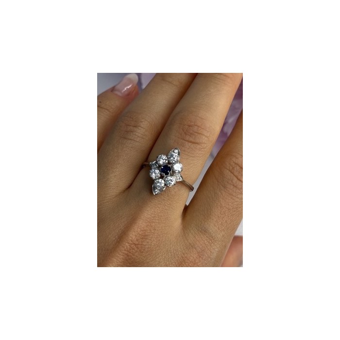 925 Sterling Silver Blue & White Sapphire Flower Ring Size 8