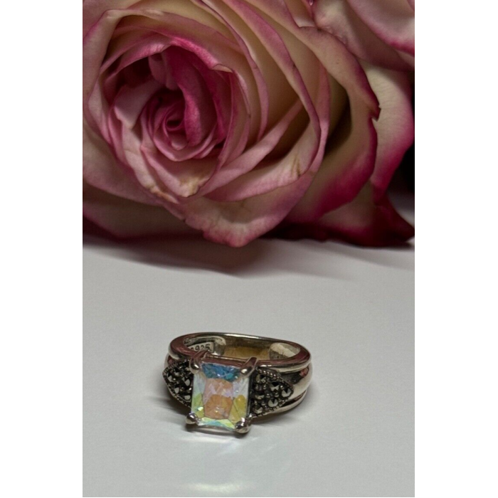 925 Sterling Silver CZ & Marcasite Ring Size 6
