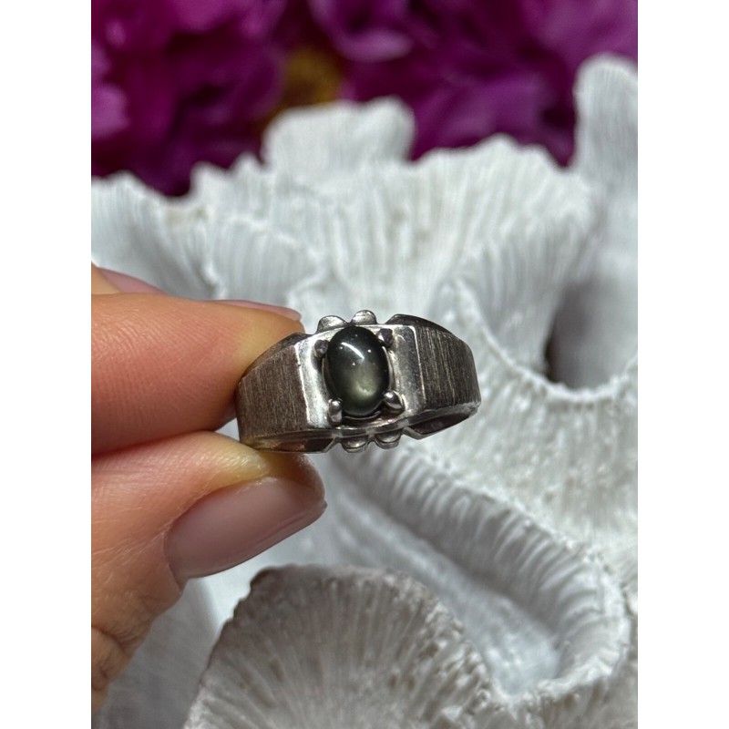 MEN'S 925 STERLING SILVER CAT'S EYE TOURMALINE RING SIZE 9