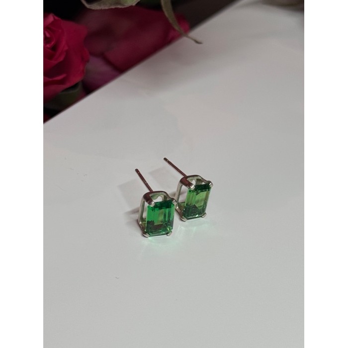 925 Sterling Silver Green Peridot Earrings Length 8 Mm
