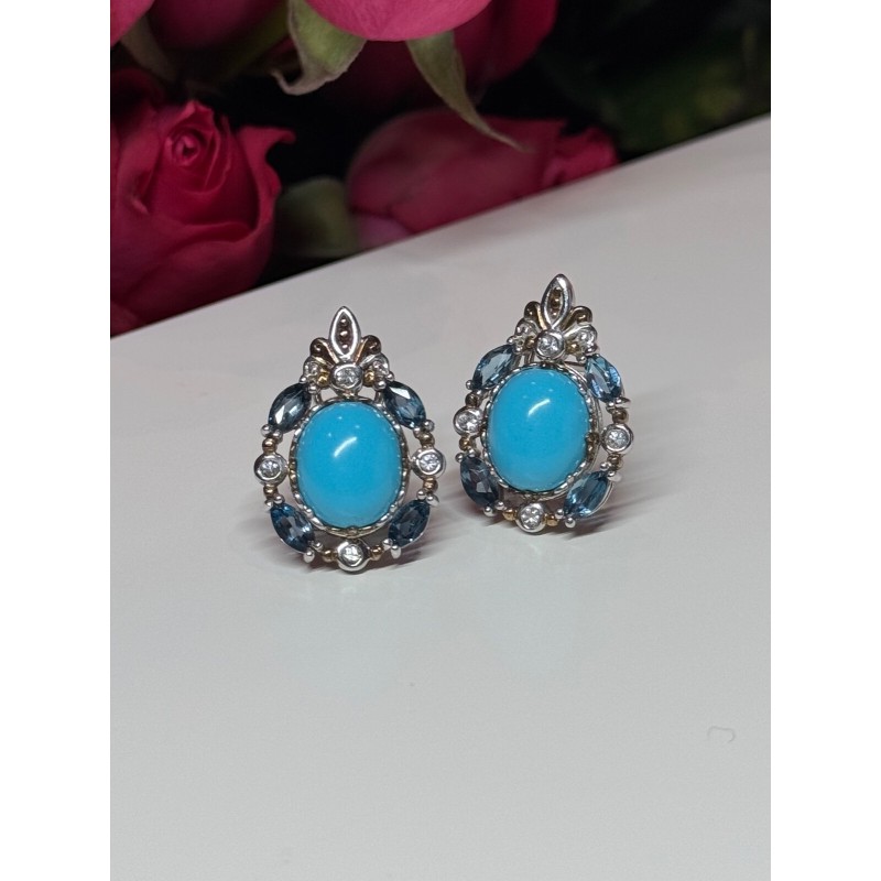 925 Sterling Silver Turquoise, Aquamarine & Beryl Earrings Length 1 Inch