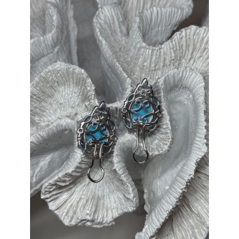 925 Sterling Silver Turquoise, Aquamarine & Beryl Earrings Length 1 Inch