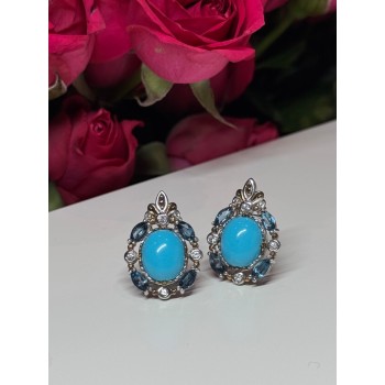 925 Sterling Silver Turquoise, Aquamarine & Beryl Earrings Length 1 Inch
