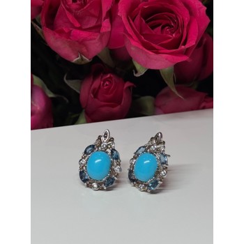 925 Sterling Silver Turquoise, Aquamarine & Beryl Earrings Length 1 Inch