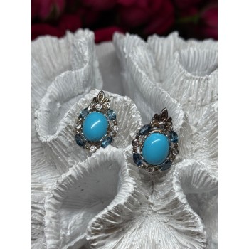 925 Sterling Silver Turquoise, Aquamarine & Beryl Earrings Length 1 Inch