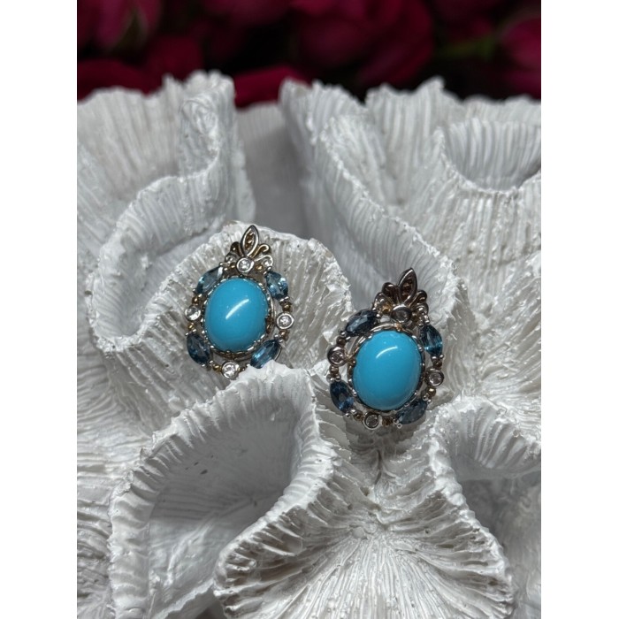 925 Sterling Silver Turquoise, Aquamarine & Beryl Earrings Length 1 Inch