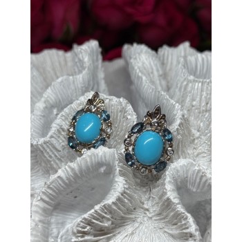 925 Sterling Silver Turquoise, Aquamarine & Beryl Earrings Length 1 Inch