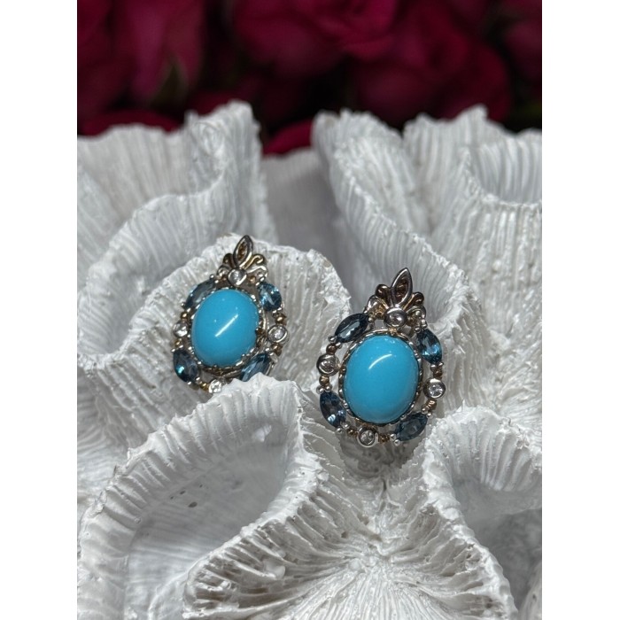 925 Sterling Silver Turquoise, Aquamarine & Beryl Earrings Length 1 Inch