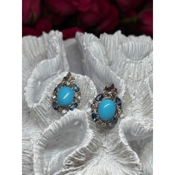 925 Sterling Silver Turquoise, Aquamarine & Beryl Earrings Length 1 Inch