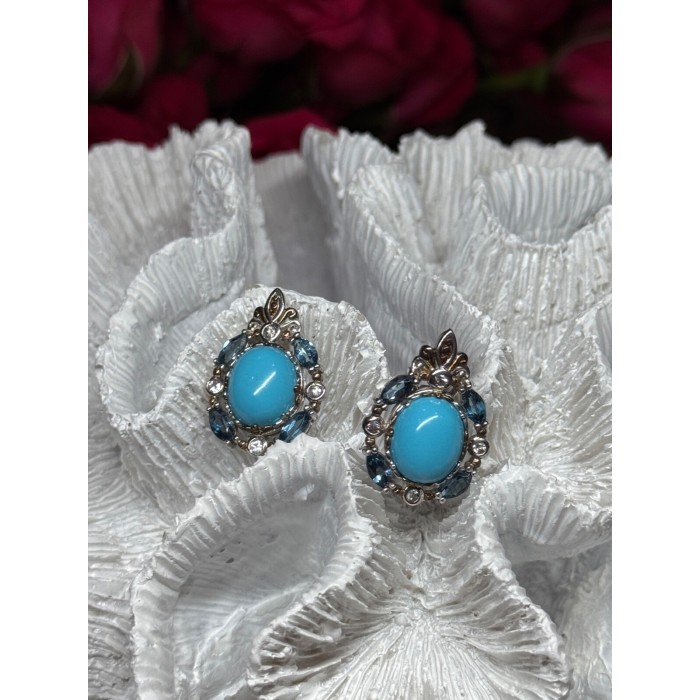 925 Sterling Silver Turquoise, Aquamarine & Beryl Earrings Length 1 Inch
