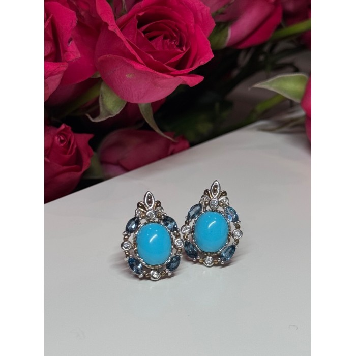 925 Sterling Silver Turquoise, Aquamarine & Beryl Earrings Length 1 Inch