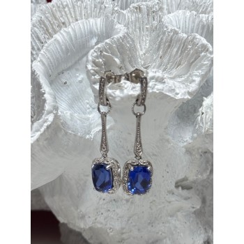 925 Sterling Silver Sapphire Earrings Length 1.5 Inch