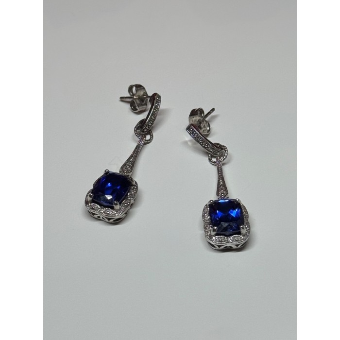 925 Sterling Silver Sapphire Earrings Length 1.5 Inch