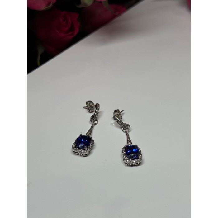 925 Sterling Silver Sapphire Earrings Length 1.5 Inch
