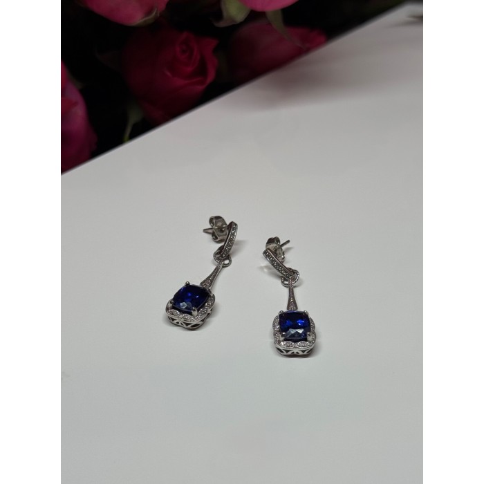925 Sterling Silver Sapphire Earrings Length 1.5 Inch
