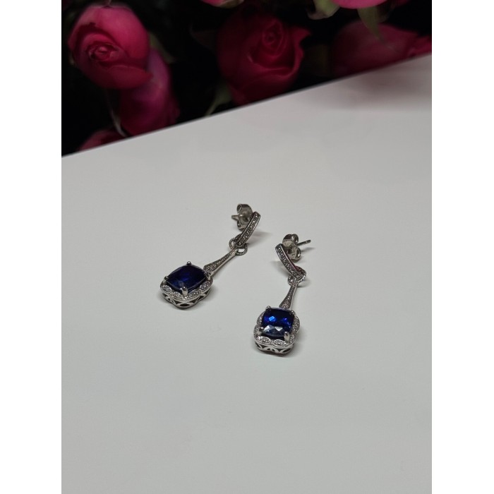 925 Sterling Silver Sapphire Earrings Length 1.5 Inch