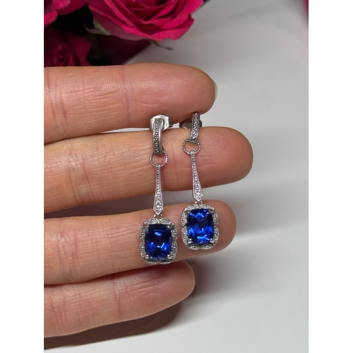 925 Sterling Silver Sapphire Earrings Length 1.5 Inch