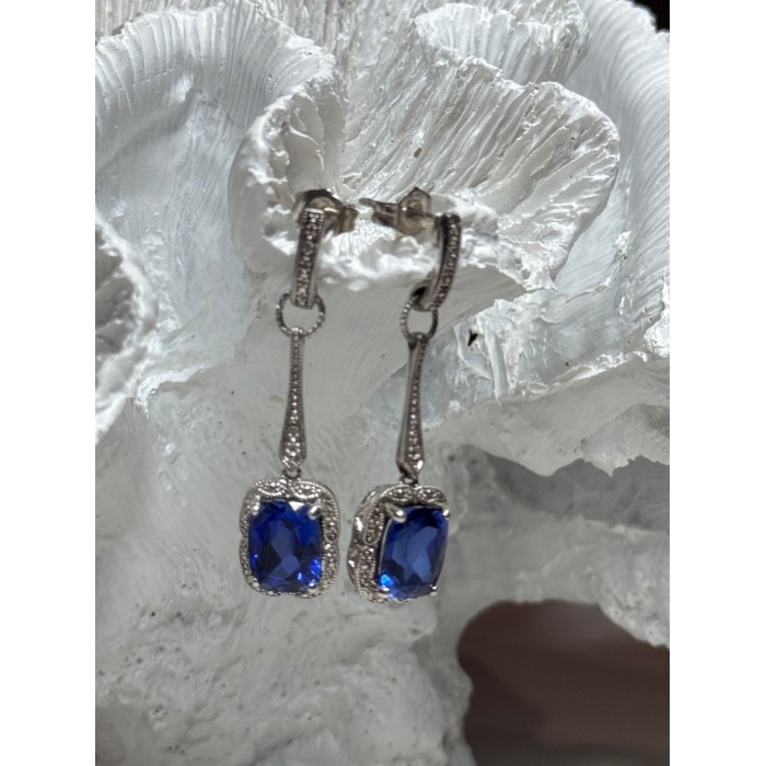 925 Sterling Silver Sapphire Earrings Length 1.5 Inch