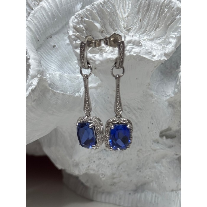 925 Sterling Silver Sapphire Earrings Length 1.5 Inch