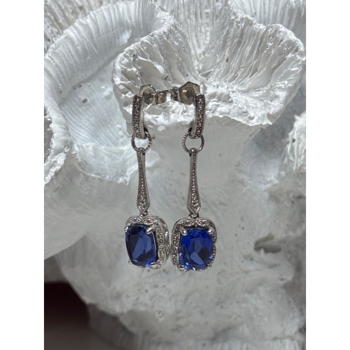 925 Sterling Silver Sapphire Earrings Length 1.5 Inch