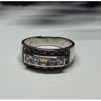 Vintage 925 Sterling Silver Tourmalines & Marcasite Ring Size 8