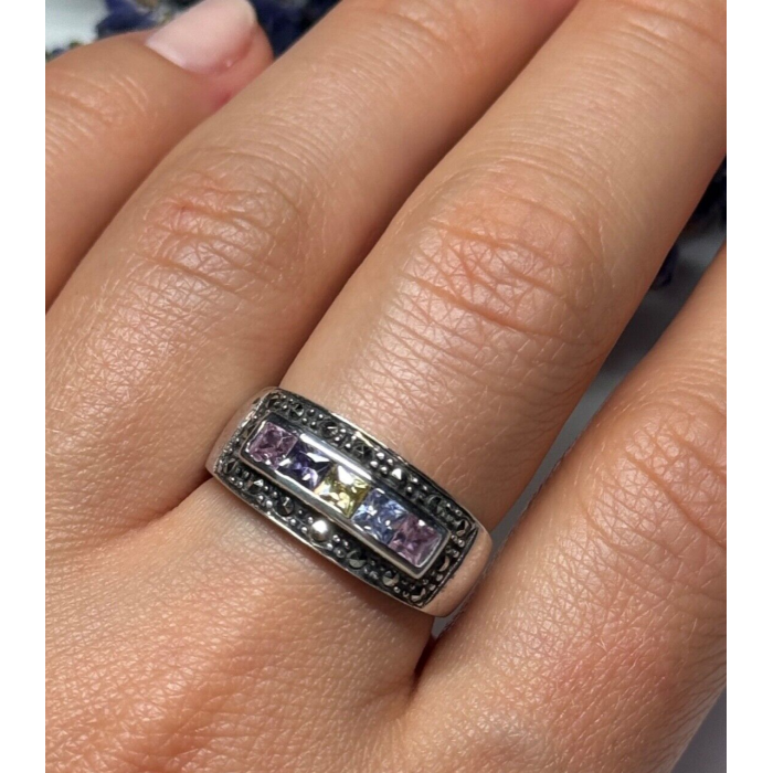 Vintage 925 Sterling Silver Tourmalines & Marcasite Ring Size 8