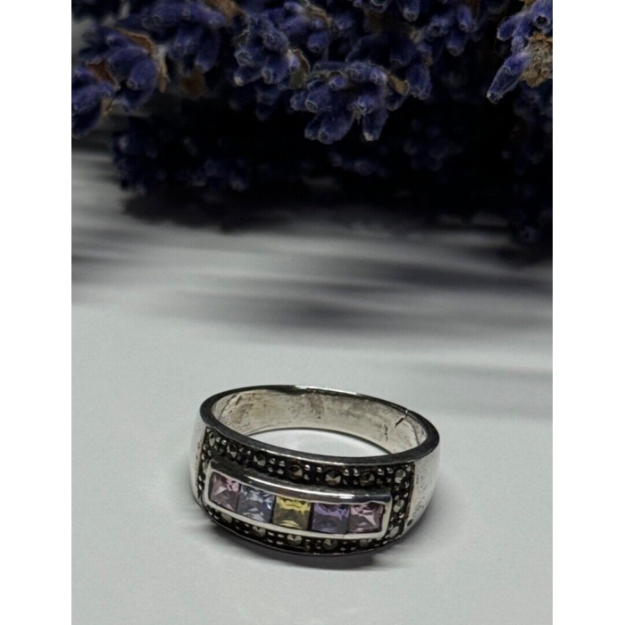 Vintage 925 Sterling Silver Tourmalines & Marcasite Ring Size 8