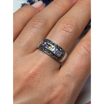 Vintage 925 Sterling Silver Tourmalines & Marcasite Ring Size 8