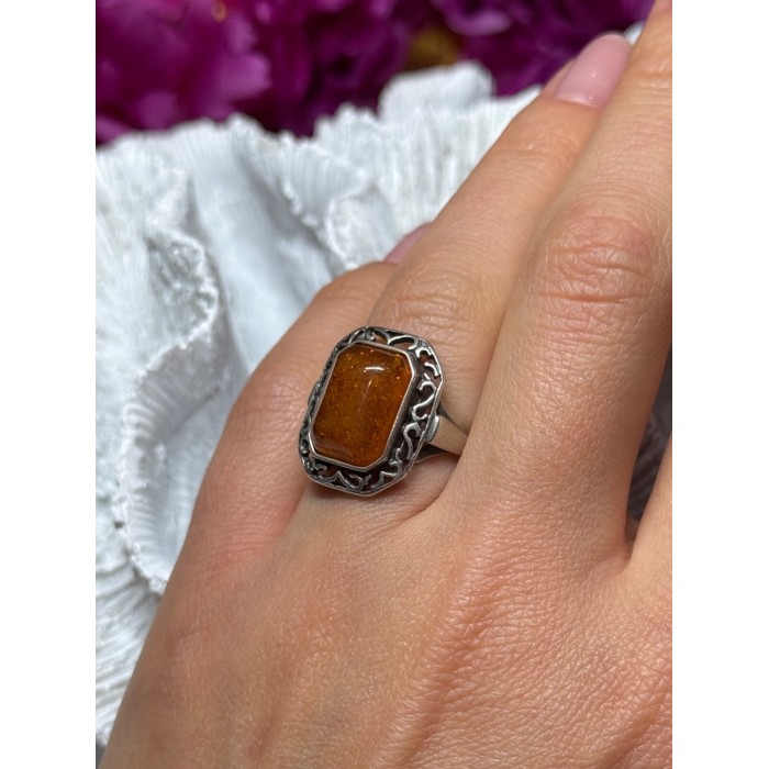 925 Sterling Silver Amber Ring Size 5