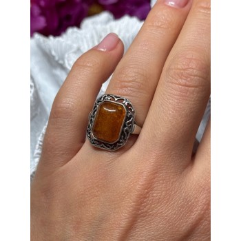 925 Sterling Silver Amber Ring Size 5
